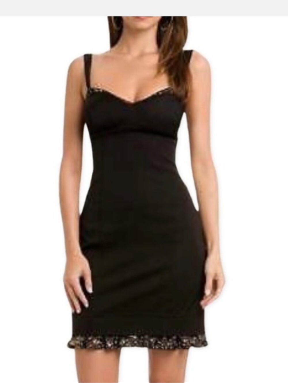GUESS Black Bustier Bodycon Mini Dress Gold Foil Animal Print Satin Hem Size 5